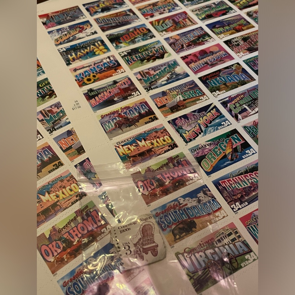 Vintage (2) .34 Sheets Of 50 States & Conestoga Wagon 1800’s USA 3 Cent Stamp